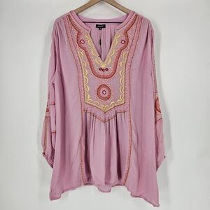 Tolani Pink Embroidered Long Sleeve Tunic Blouse Top